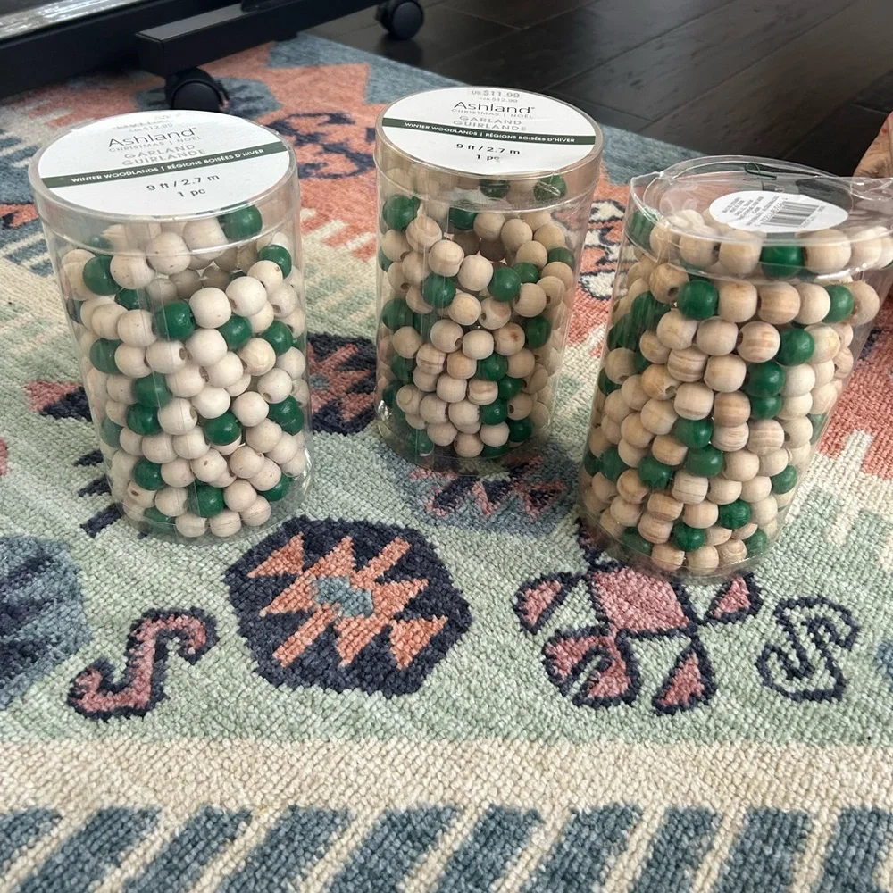 Ashland Winter Woodlands green & wooded beads x3